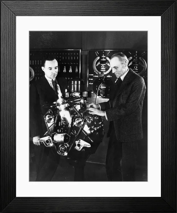 Framed Print : Henry and Edsel Ford with a Ford V8 engine, (c1940s?) Framed Print : Henry and Edsel Ford with a Ford V8 engine, (c1940s?)