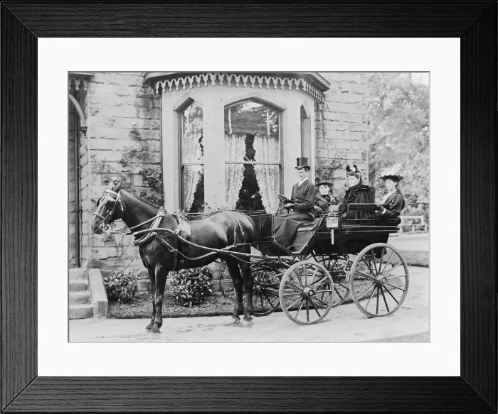 Framed Print : Women and a coachman in a pony and trap, late 19th century Framed Print : Women and a coachman in a pony and trap, late 19th century