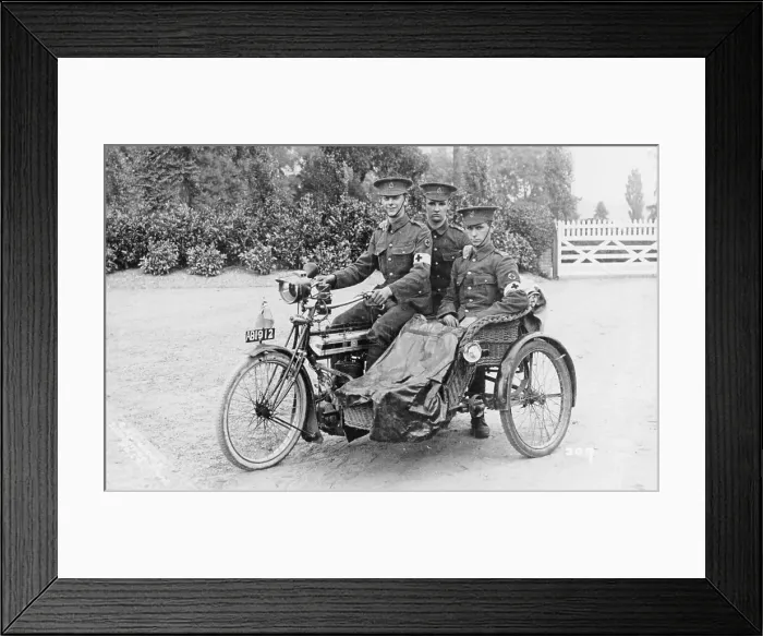Framed Print : Three soldiers on a bicycle and sidecar, (WWI?) Framed Print : Three soldiers on a bicycle and sidecar, (WWI?)