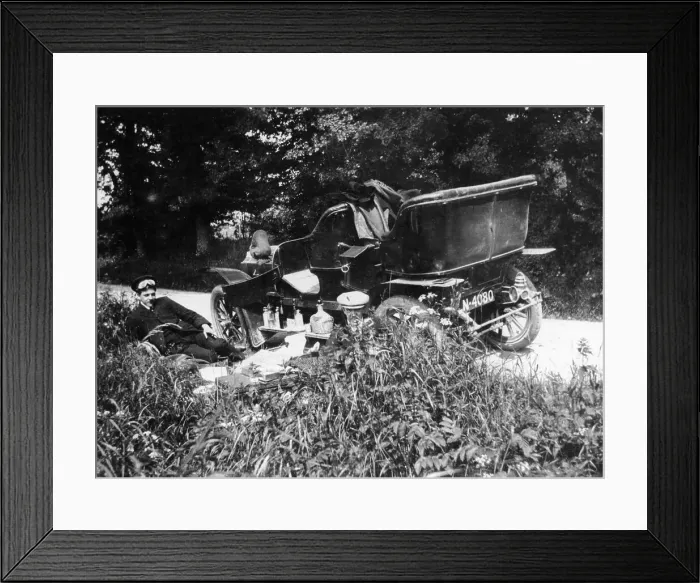 Framed Print : Two men picnicking beside a Vauxhall car, c1906 Framed Print : Two men picnicking beside a Vauxhall car, c1906