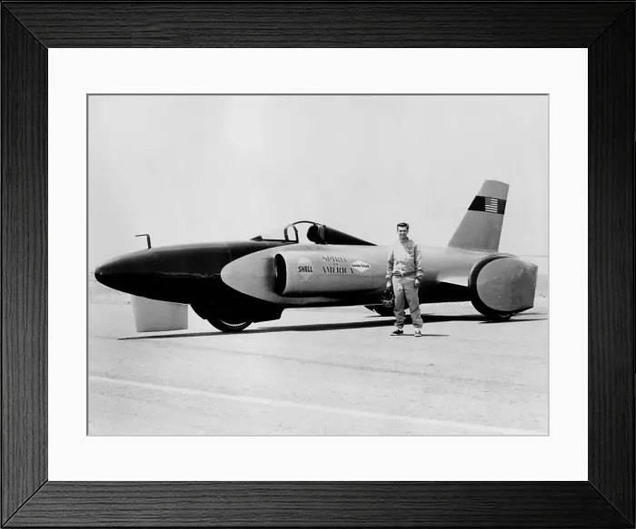 Framed Print : Craig Breedlove with Spirit of America Land Speed Record car, c1963 Framed Print : Craig Breedlove with Spirit of America Land Speed Record car, c1963