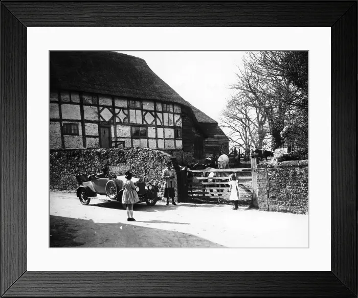 Framed Print : Calcott 2-seater car parked outside a farm gate, c1921-c1922 Framed Print : Calcott 2-seater car parked outside a farm gate, c1921-c1922