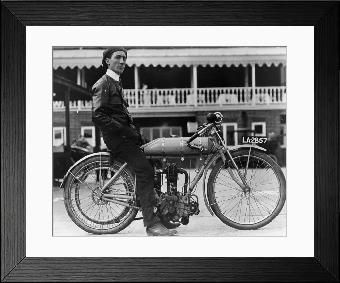 Framed Print : Syd Justien Tessier, on a 1910 Bat 3.5 Litre bike, (1910?) Framed Print : Syd Justien Tessier, on a 1910 Bat 3.5 Litre bike, (1910?)