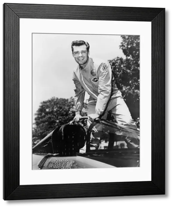 Framed Print : Craig Breedlove posing on top of the Spirit of America Framed Print : Craig Breedlove posing on top of the Spirit of America