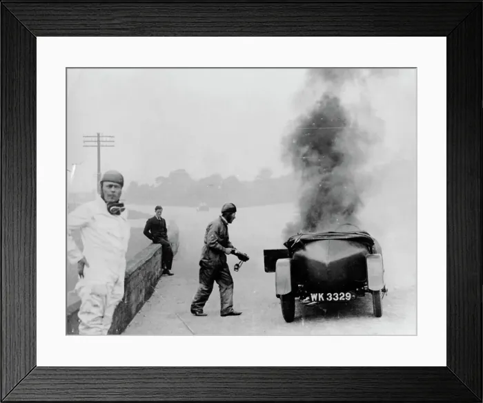 Framed Print : Car on fire, Brooklands, Surrey, 1928 Framed Print : Car on fire, Brooklands, Surrey, 1928