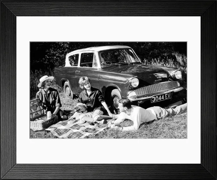 Framed Print : People picnicking with their 1960 Ford Anglia Deluxe, (1960?) Framed Print : People picnicking with their 1960 Ford Anglia Deluxe, (1960?)