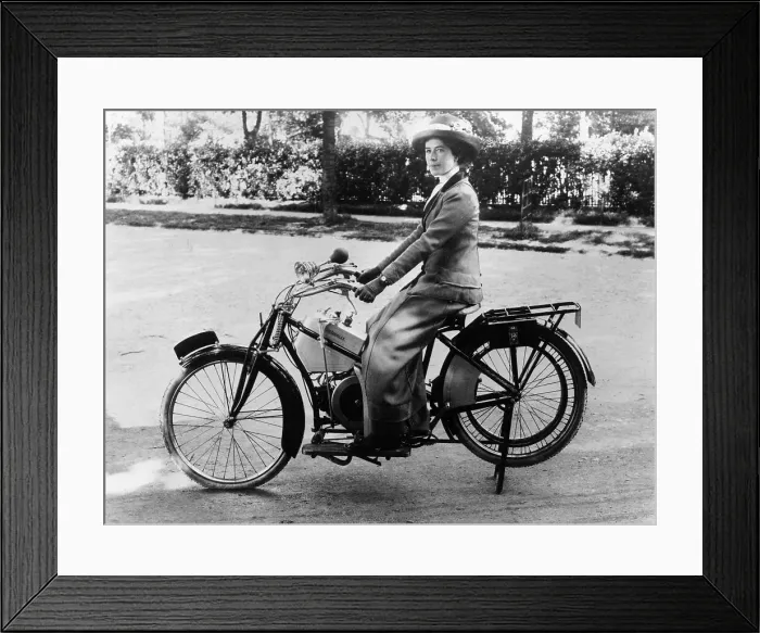 Framed Print : A woman on a Douglas motorbike, (c1913?) Framed Print : A woman on a Douglas motorbike, (c1913?)