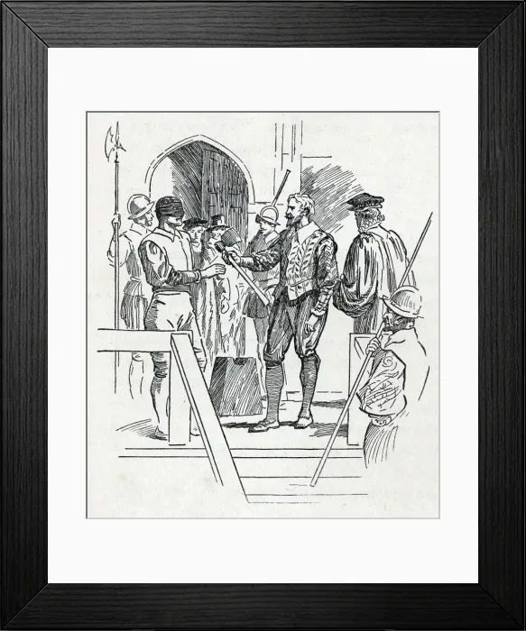 Framed Print : Sir Walter Raleigh holds his executioner's axe, c1900. Creator: Howard Davie Framed Print : Sir Walter Raleigh holds his executioner's axe, c1900. Creator: Howard Davie