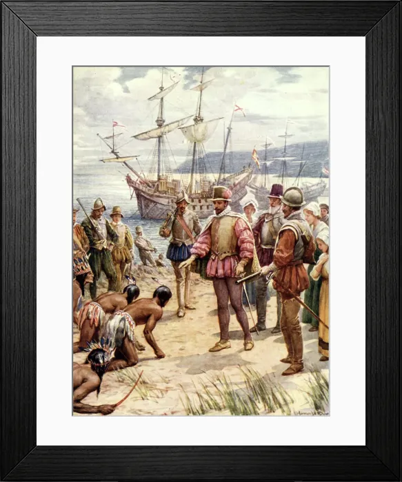 Framed Print : Sir Walter Raleigh Landing in Virginia, c1900. Creator: Howard Davie Framed Print : Sir Walter Raleigh Landing in Virginia, c1900. Creator: Howard Davie