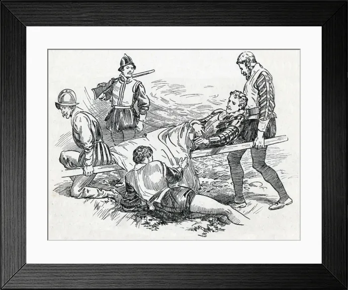 Framed Print : Sir Philip Sidney on the Battlefield of Zutphen, c1900. Creator: Howard Davie Framed Print : Sir Philip Sidney on the Battlefield of Zutphen, c1900. Creator: Howard Davie