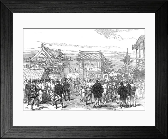 Framed Print : Opening of the first railway in Japan: procession at the Saiwai Bashi Gate, Jeddo, 1872. Creator: C. R Framed Print : Opening of the first railway in Japan: procession at the Saiwai Bashi Gate, Jeddo, 1872. Creator: C. R