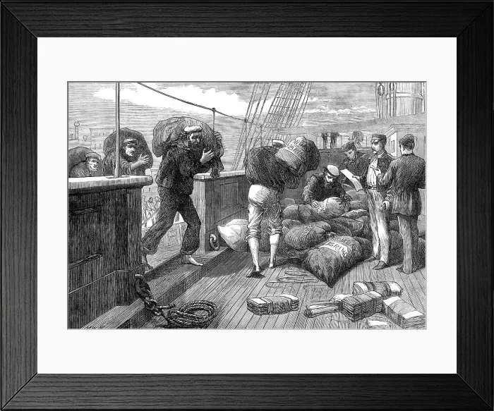 Framed Print : The Voyage to China: bringing the letter-bags on board a mail steam-ship at Brindisi, 1872. Creator: M. W. R Framed Print : The Voyage to China: bringing the letter-bags on board a mail steam-ship at Brindisi, 1872. Creator: M. W. R