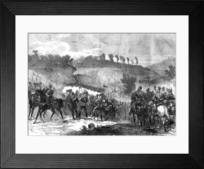 Framed Print : The Three Emperors at Berlin: military manoeuvres near Spandau - cavalry crossing pontoon, 1872. Creator: Unknown Framed Print : The Three Emperors at Berlin: military manoeuvres near Spandau - cavalry crossing pontoon, 1872. Creator: Unknown