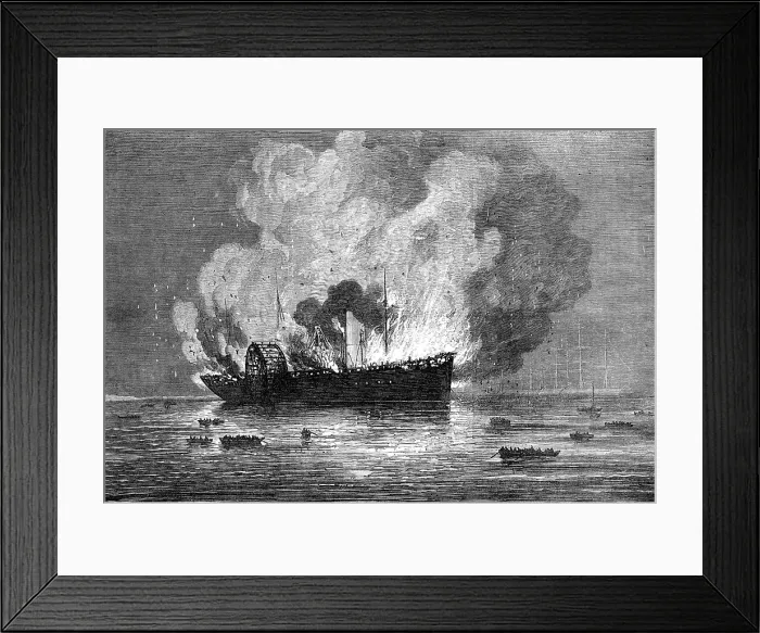 Framed Print : Burning of the Pacific Mail Company's ship America, at Yokohama, 1872. Creator: Unknown Framed Print : Burning of the Pacific Mail Company's ship America, at Yokohama, 1872. Creator: Unknown