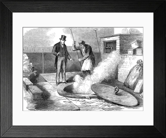 Framed Print : Sketches in the Bank of England: burning returned bank-notes, 1872. Creator: Unknown