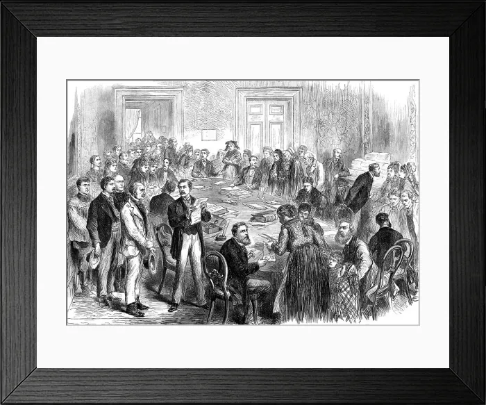 Framed Print : The French emigration from Alsace and Lorraine: Paris offices of the Relief Society, 1872. Creator: Unknown Framed Print : The French emigration from Alsace and Lorraine: Paris offices of the Relief Society, 1872. Creator: Unknown