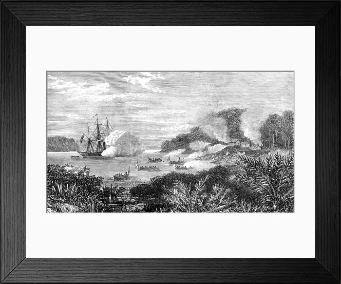 Framed Print : Destruction of a pirates stronghold at Sulu by H.M.S. Nassau, 1872. Creator: Unknown Framed Print : Destruction of a pirates stronghold at Sulu by H.M.S. Nassau, 1872. Creator: Unknown