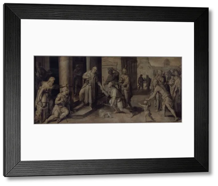 Framed Print : Saint Luke Giving three Pilgrims Alms, c1560-1600. Creator: Martin de Vos Framed Print : Saint Luke Giving three Pilgrims Alms, c1560-1600. Creator: Martin de Vos