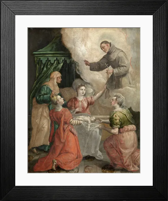 Framed Print : Saint Didacus Helps with a Difficult Birth, c1560-1600. Creator: Martin de Vos Framed Print : Saint Didacus Helps with a Difficult Birth, c1560-1600. Creator: Martin de Vos