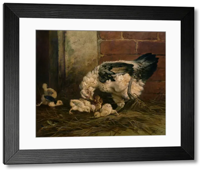 Framed Print : Hen with Chicken, 1856. Creator: Charles Verlat Framed Print : Hen with Chicken, 1856. Creator: Charles Verlat
