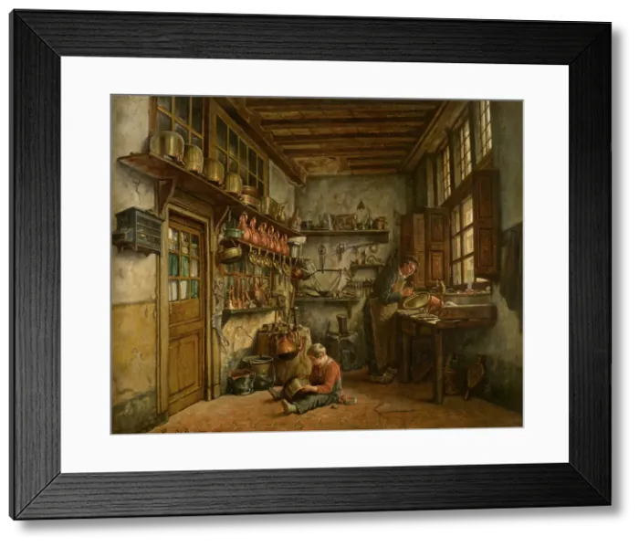 Framed Print : The Tinker, 1861. Creator: Henri Jean Augustin de Braekeleer Framed Print : The Tinker, 1861. Creator: Henri Jean Augustin de Braekeleer