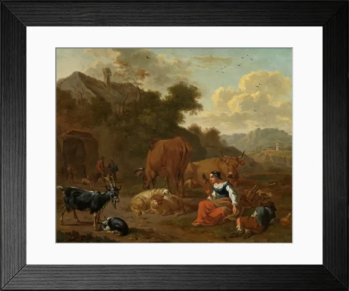 Framed Print : Landscape with a Spinner and Cattle, late 17th century. Creator: Dirk van Bergen Framed Print : Landscape with a Spinner and Cattle, late 17th century. Creator: Dirk van Bergen
