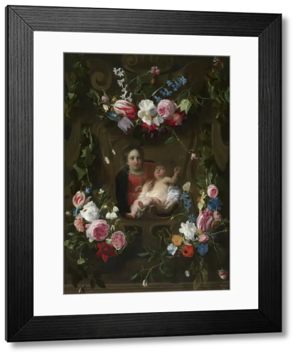 Framed Print : Madonna in a Floral Wreath, mid-17th century. Creator: Cornelis Schut I Framed Print : Madonna in a Floral Wreath, mid-17th century. Creator: Cornelis Schut I