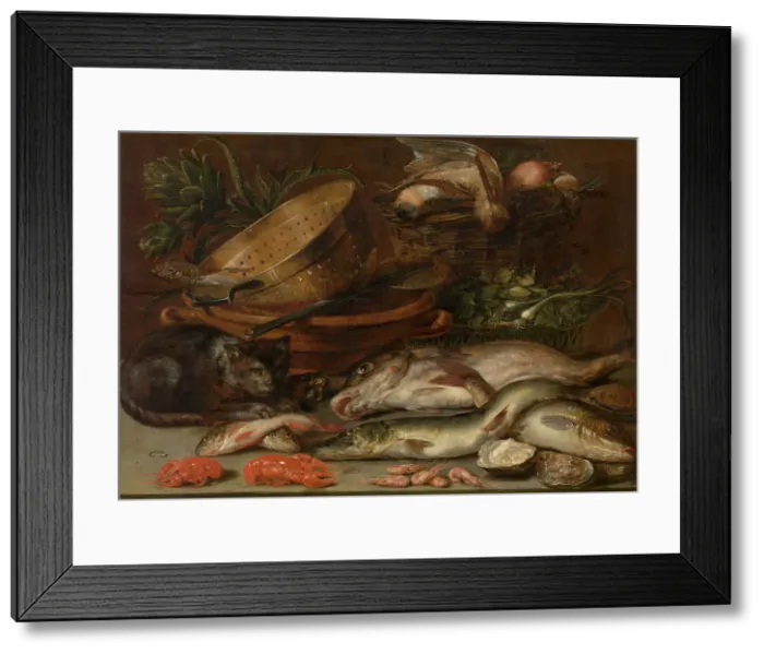Framed Print : Fish, Crustacea, Poultry, Vegetables and a Cat, early-mid 17th century. Creator: Alexander Adriaenssen