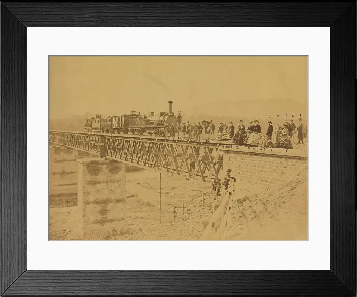 Framed Print : Group portrait with train on bridge, 1865. Creator: Altobelli & Molins Framed Print : Group portrait with train on bridge, 1865. Creator: Altobelli & Molins