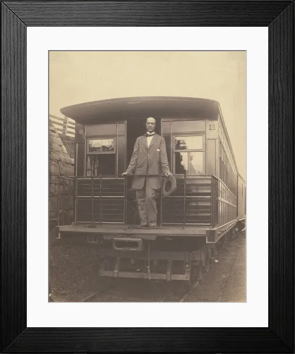 Framed Print : Portrait of an unidentified man standing on rear platform of a train, about 1863. Creator: Unknown Framed Print : Portrait of an unidentified man standing on rear platform of a train, about 1863. Creator: Unknown