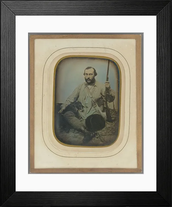 Framed Print : Bearded Hunter with gun and two dogs, about 1850. Creator: Unknown Framed Print : Bearded Hunter with gun and two dogs, about 1850. Creator: Unknown