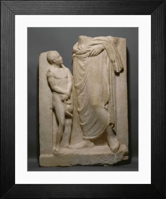 Framed Print : Grave Naiskos of a Standing Youth and a Nude Boy, about 360 BC or modern. Creator: Unknown Framed Print : Grave Naiskos of a Standing Youth and a Nude Boy, about 360 BC or modern. Creator: Unknown