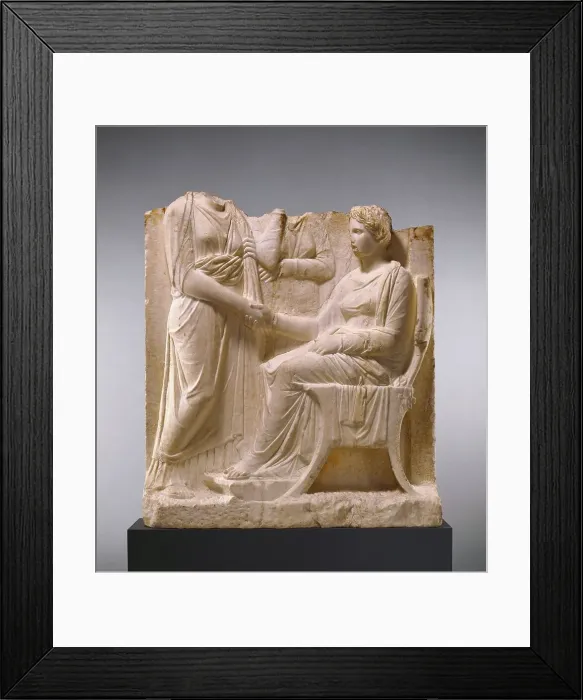 Framed Print : Grave Naiskos of a Seated Woman with Two Standing Women, about 340 BC. Creator: Unknown Framed Print : Grave Naiskos of a Seated Woman with Two Standing Women, about 340 BC. Creator: Unknown