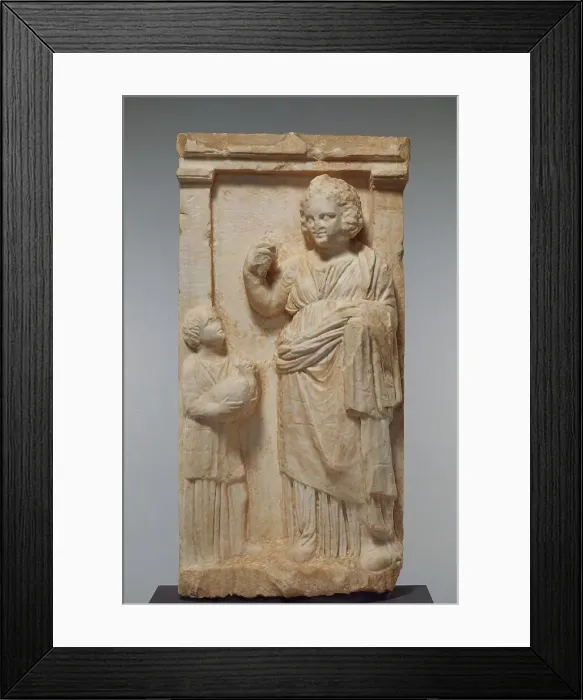 Framed Print : Grave Naiskos of Demainete with an Attendant Holding a Partridge, about 310 BC. Creator: Unknown Framed Print : Grave Naiskos of Demainete with an Attendant Holding a Partridge, about 310 BC. Creator: Unknown