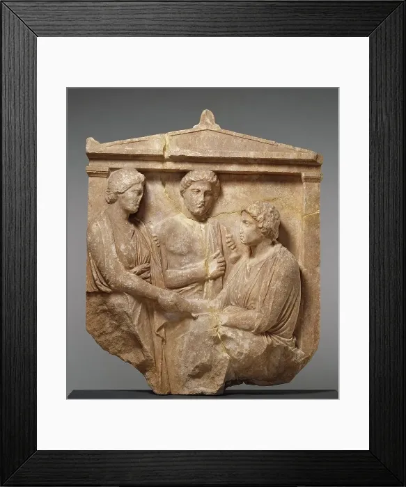 Framed Print : Grave Naiskos of Theogenis with her Mother, Nikomache, and her Brother Nikodemos, about 360 BC. Creator: Unknown Framed Print : Grave Naiskos of Theogenis with her Mother, Nikomache, and her Brother Nikodemos, about 360 BC. Creator: Unknown