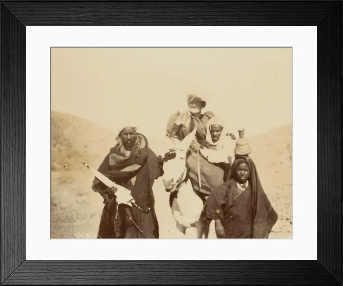 Framed Print : Men with woman riding mule, about 1860-1880. Creator: Unknown Framed Print : Men with woman riding mule, about 1860-1880. Creator: Unknown