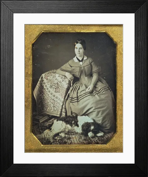 Framed Print : Portrait of a Seated Young Woman and Dog, 1845-1847. Creator: Unknown Framed Print : Portrait of a Seated Young Woman and Dog, 1845-1847. Creator: Unknown