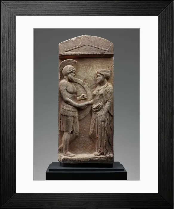 Framed Print : Grave Stele of Philoxenos with his Wife, Philoumene, about 400 BC. Creator: Unknown Framed Print : Grave Stele of Philoxenos with his Wife, Philoumene, about 400 BC. Creator: Unknown