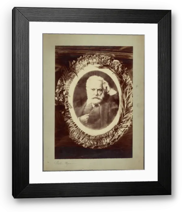 Framed Print : Portrait of Victor Hugo framed by wreath, about 1870-1885. Creator: Unknown Framed Print : Portrait of Victor Hugo framed by wreath, about 1870-1885. Creator: Unknown