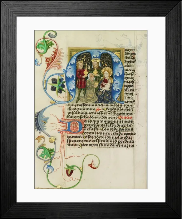 Framed Print : Initial M: The Adoration of the Magi; Prayer Book, about 1470-1480. Creator: Workshop of Valentine Noh Framed Print : Initial M: The Adoration of the Magi; Prayer Book, about 1470-1480. Creator: Workshop of Valentine Noh