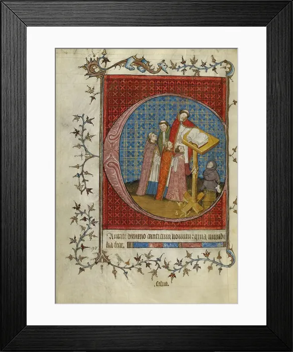 Framed Print : Initial C: Clerics Singing from a Choir Book; Psalter, about 1390. Creator: Unknown Framed Print : Initial C: Clerics Singing from a Choir Book; Psalter, about 1390. Creator: Unknown