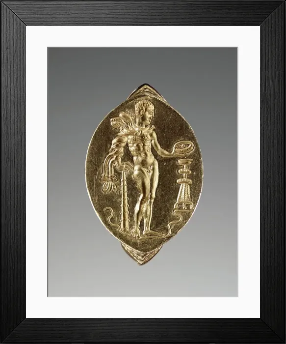 Framed Print : Gold Ring with Herakles Pouring a Libation, about 400 BC. Creator: Unknown