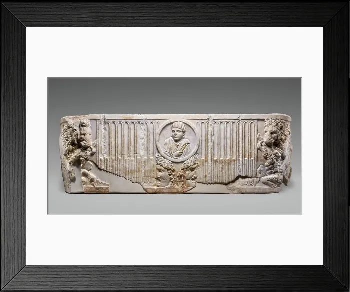 Framed Print : Front of a Sarcophagus with Female Portrait in a Medallion above Two Theatrical Masks...250-275. Creator: Unknown Framed Print : Front of a Sarcophagus with Female Portrait in a Medallion above Two Theatrical Masks...250-275. Creator: Unknown