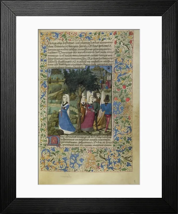 Framed Print : Young Men and Women Outdoors; Historia de duobus amantibus, about 1460-1470. Creator: Unknown Framed Print : Young Men and Women Outdoors; Historia de duobus amantibus, about 1460-1470. Creator: Unknown
