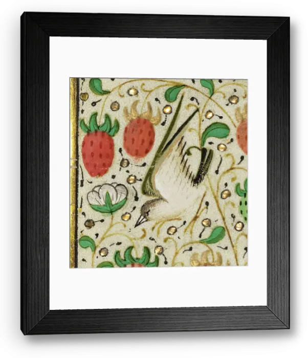 Framed Print : Decorated Border with a Bird and Strawberries; Boethius, Consolation de philosophie, about 1460-1470 Creator: Unknown Framed Print : Decorated Border with a Bird and Strawberries; Boethius, Consolation de philosophie, about 1460-1470 Creator: Unknown