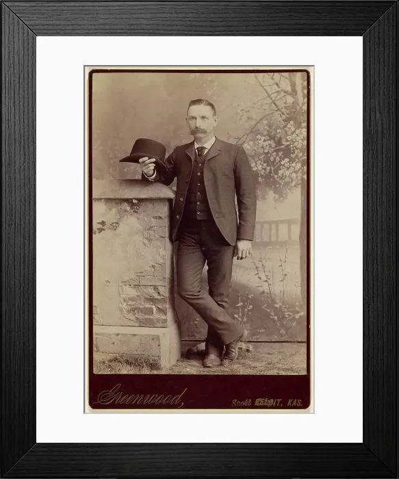 Framed Print : Studio portrait of a man holding a hat, about 1885. Creator: WH Greenwood Framed Print : Studio portrait of a man holding a hat, about 1885. Creator: WH Greenwood
