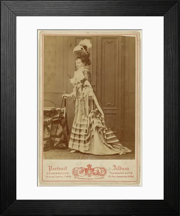 Framed Print : Full-length portrait of a well-dressed woman with walking stick, 1880s. Creator: Michele Schemboche Framed Print : Full-length portrait of a well-dressed woman with walking stick, 1880s. Creator: Michele Schemboche