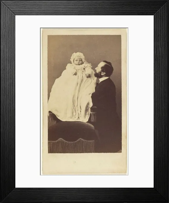 Framed Print : Baby in a bonnet and a long gown, about 1860. Creator: Desire Durand Framed Print : Baby in a bonnet and a long gown, about 1860. Creator: Desire Durand