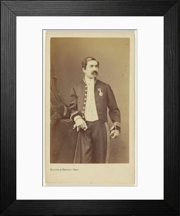 Framed Print : Unidentified man with moustache standing, wearing a medal on his lapel, about 1861. Creator: Bayard & Bertall Framed Print : Unidentified man with moustache standing, wearing a medal on his lapel, about 1861. Creator: Bayard & Bertall