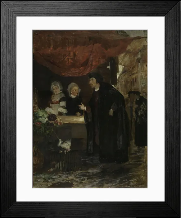 Framed Print : Erik Valkendorf meets Sigbrit Willums and Dyveke in Bergen's square in 1507, 1876. Creator: Eilif Peterssen Framed Print : Erik Valkendorf meets Sigbrit Willums and Dyveke in Bergen's square in 1507, 1876. Creator: Eilif Peterssen
